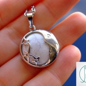 White Howlite Necklace Moon Shape Pendant Natural Gemstone With Pouch Michael's UK Jewellery