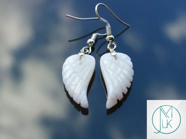 White Jade Earrings Angel Wing Shape Natural Gemstone with Pouch Michael's UK Jewellery