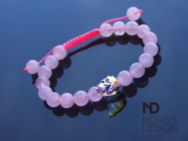 Women's Rose Quartz Natural Gemstone Skull Bracelet with Swarovski Crystal 6-9inch Michael's UK Jewellery