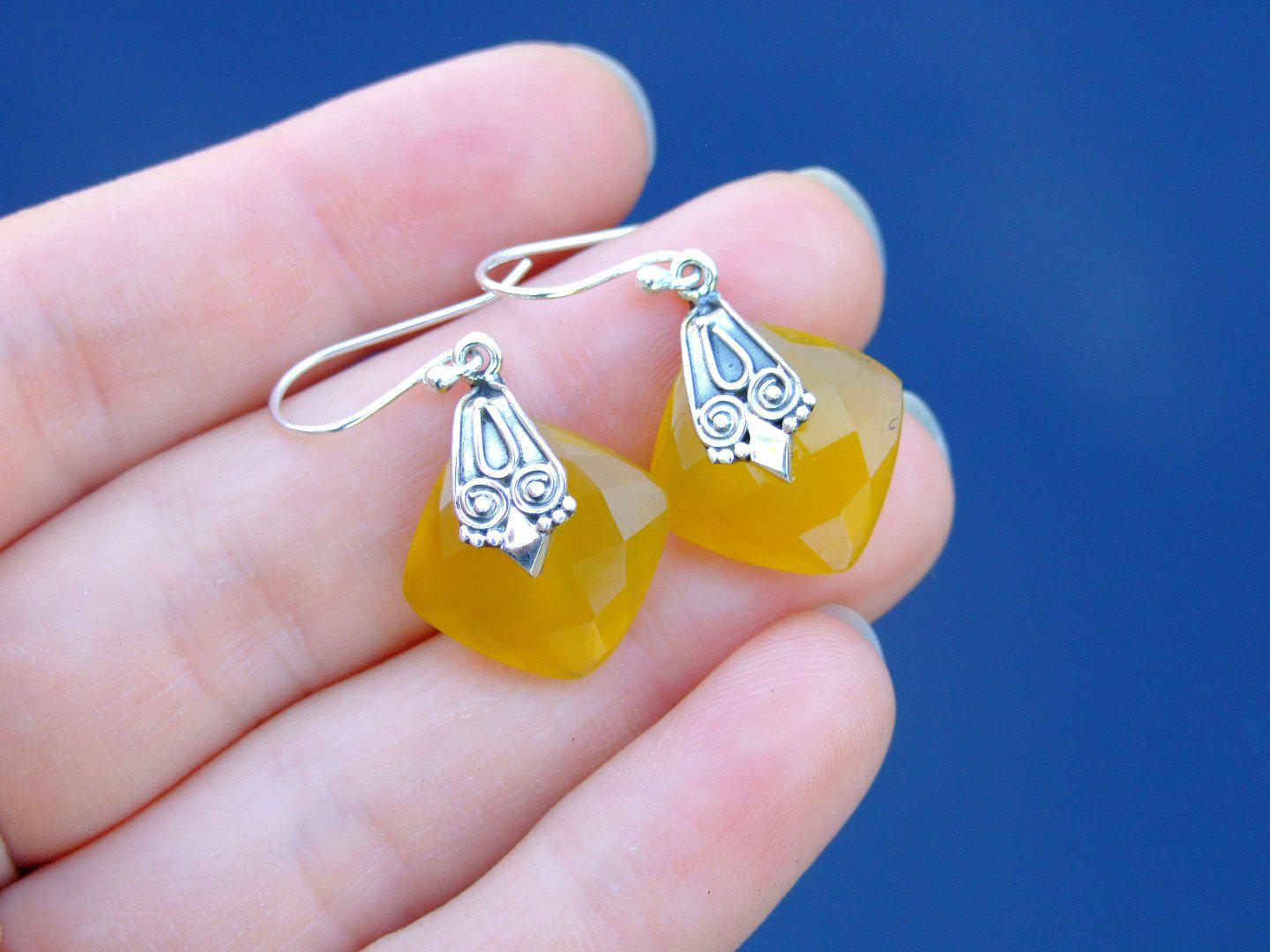 Yellow Chalcedony Natural Gemstone 925 Sterling Silver Earrings Michael's UK Jewellery