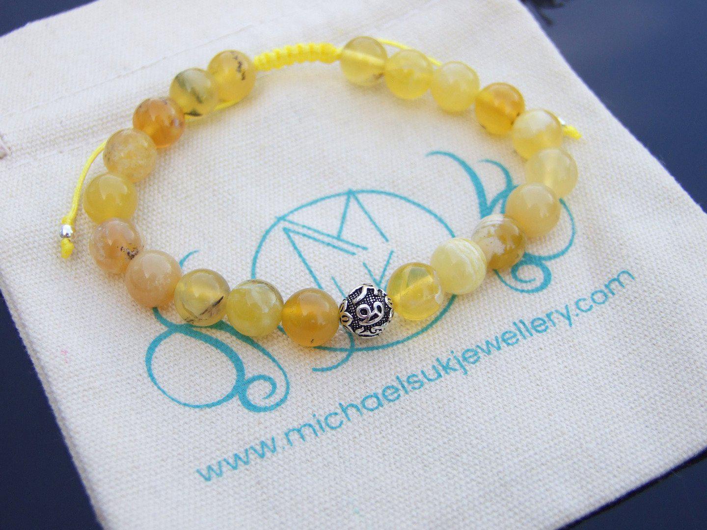 Yellow Opal Om Sterling Silver Natural Gemstone Bracelet 6-9'' Macrame Michael's UK Jewellery