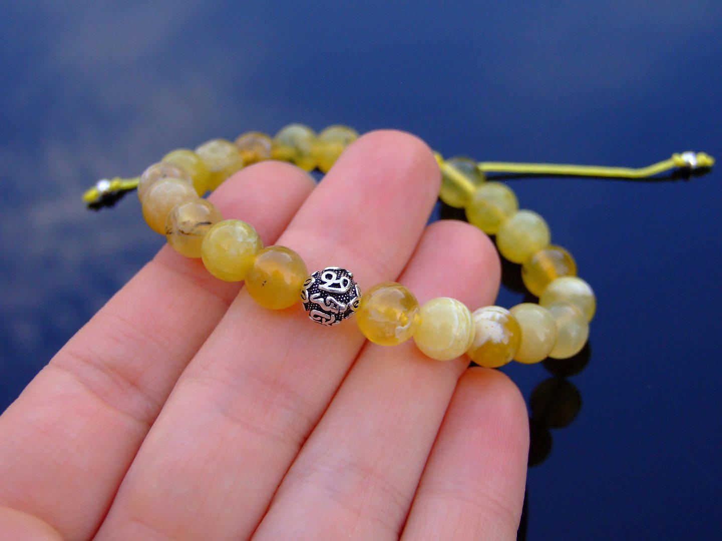 Yellow Opal Om Sterling Silver Natural Gemstone Bracelet 6-9'' Macrame Michael's UK Jewellery
