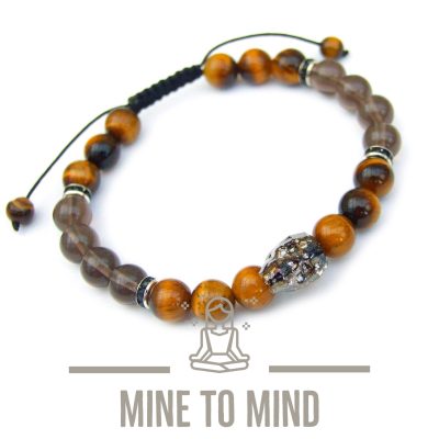 Men's Tigers Eye Smoky Quartz Natural Gemstone Skull Bracelet with Swarovski Crystal beads mouse