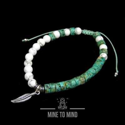 African Turquoise Gemstone Bracelet White Howlite 925 Sterling Silver Feather Macrame Bracelet Native Jewellery minetomind beadsmouse.co.uk