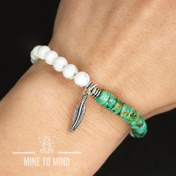 African Turquoise Gemstone Bracelet White Howlite 925 Sterling Silver Feather Macrame Bracelet Native Jewellery minetomind beadsmouse.co.uk