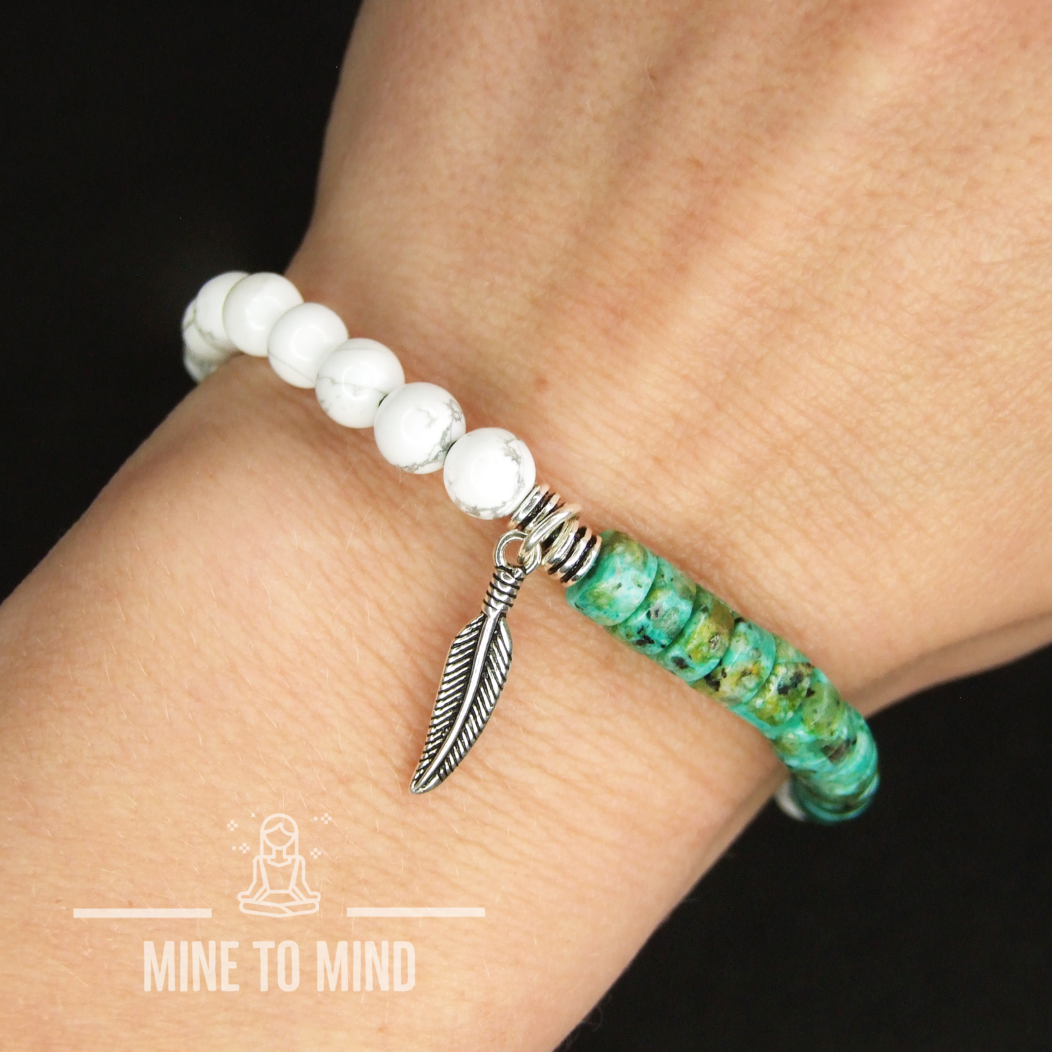 African Turquoise Gemstone Bracelet White Howlite 925 Sterling Silver Feather Macrame Bracelet Native Jewellery minetomind beadsmouse.co.uk