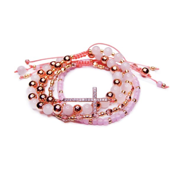 Rose Quartz Cross Beaded Bracelets Glass Beads Natural Rose Quartz beads mouse.co.uk