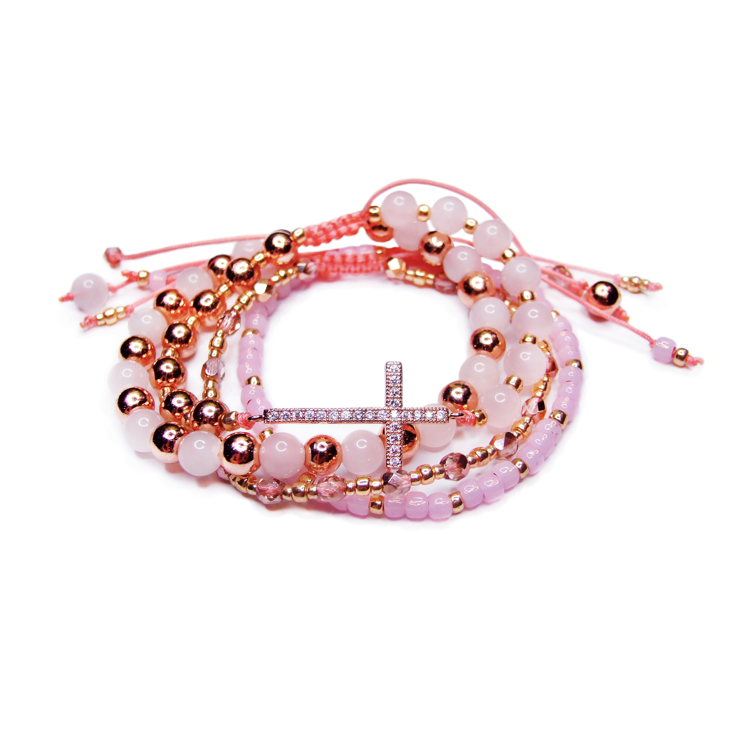 Rose Quartz Cross Beaded Bracelets Glass Beads Natural Rose Quartz beads mouse.co.uk