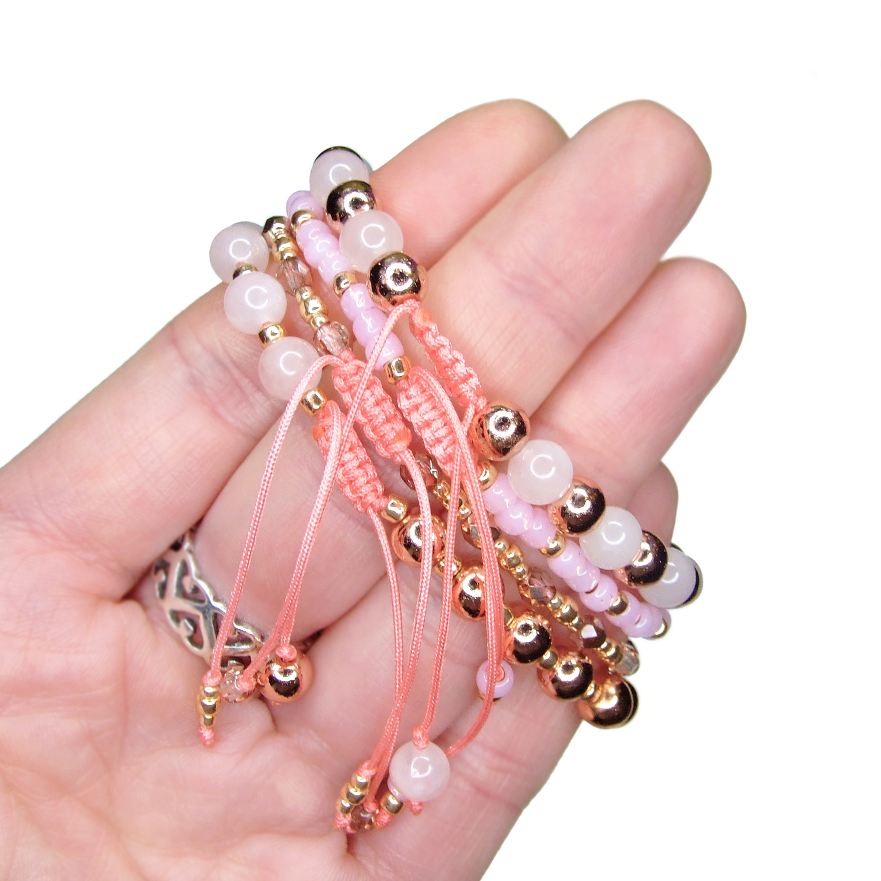 Rose Quartz Cross Beaded Bracelets Glass Beads Natural Rose Quartz beads mouse.co.uk