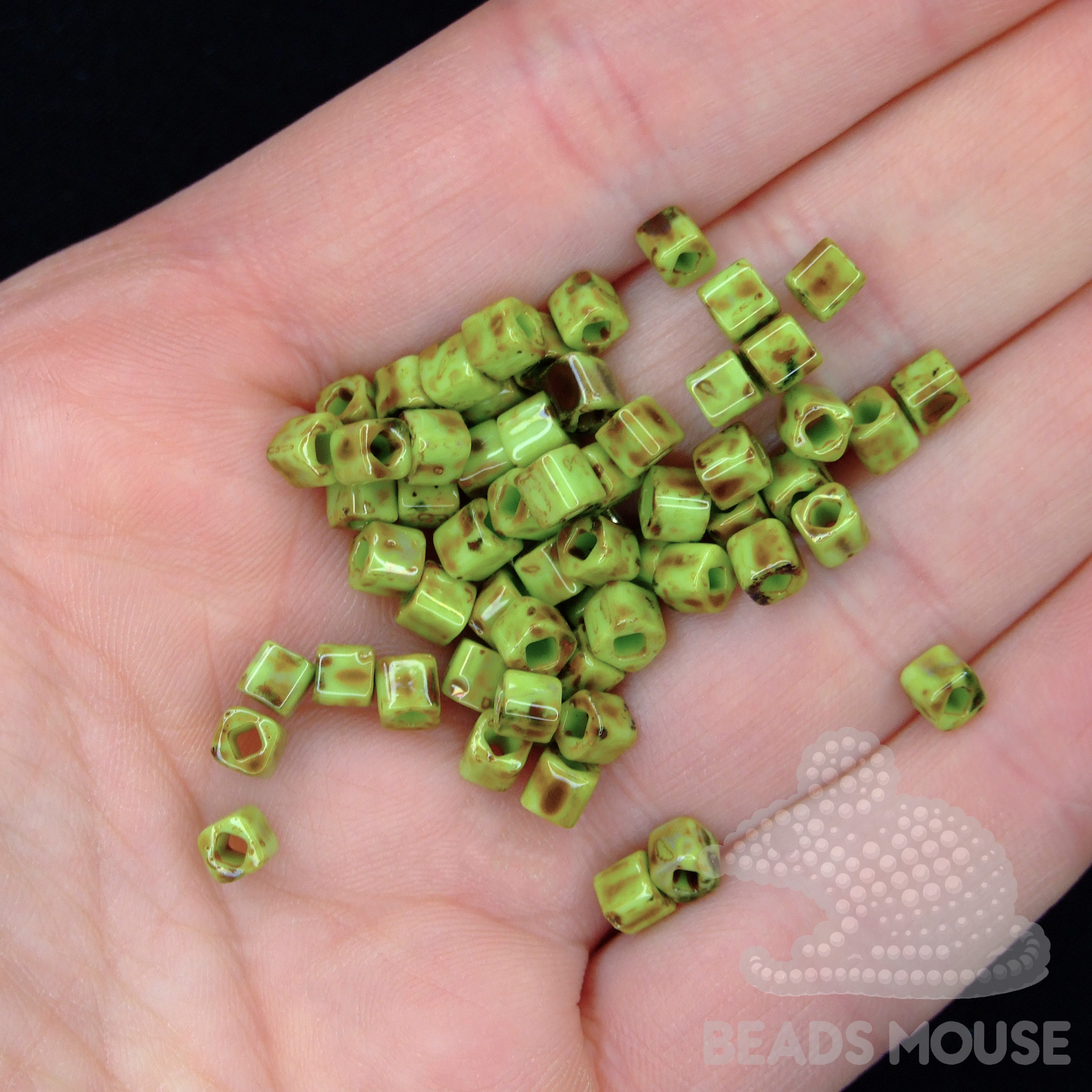 TOHO Cube Beads Y310 HYBRID Sour Apple Picasso 4mm beadsmouse.co.uk