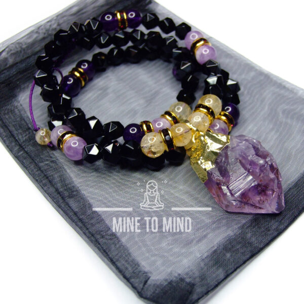 Gemstone Necklace Black Onyx | Raw Amethyst Pendant | Citrine Gemstone Beaded Macrame Necklace | Gift for him | Gift for her | Made in UK beadsmouse.co.uk