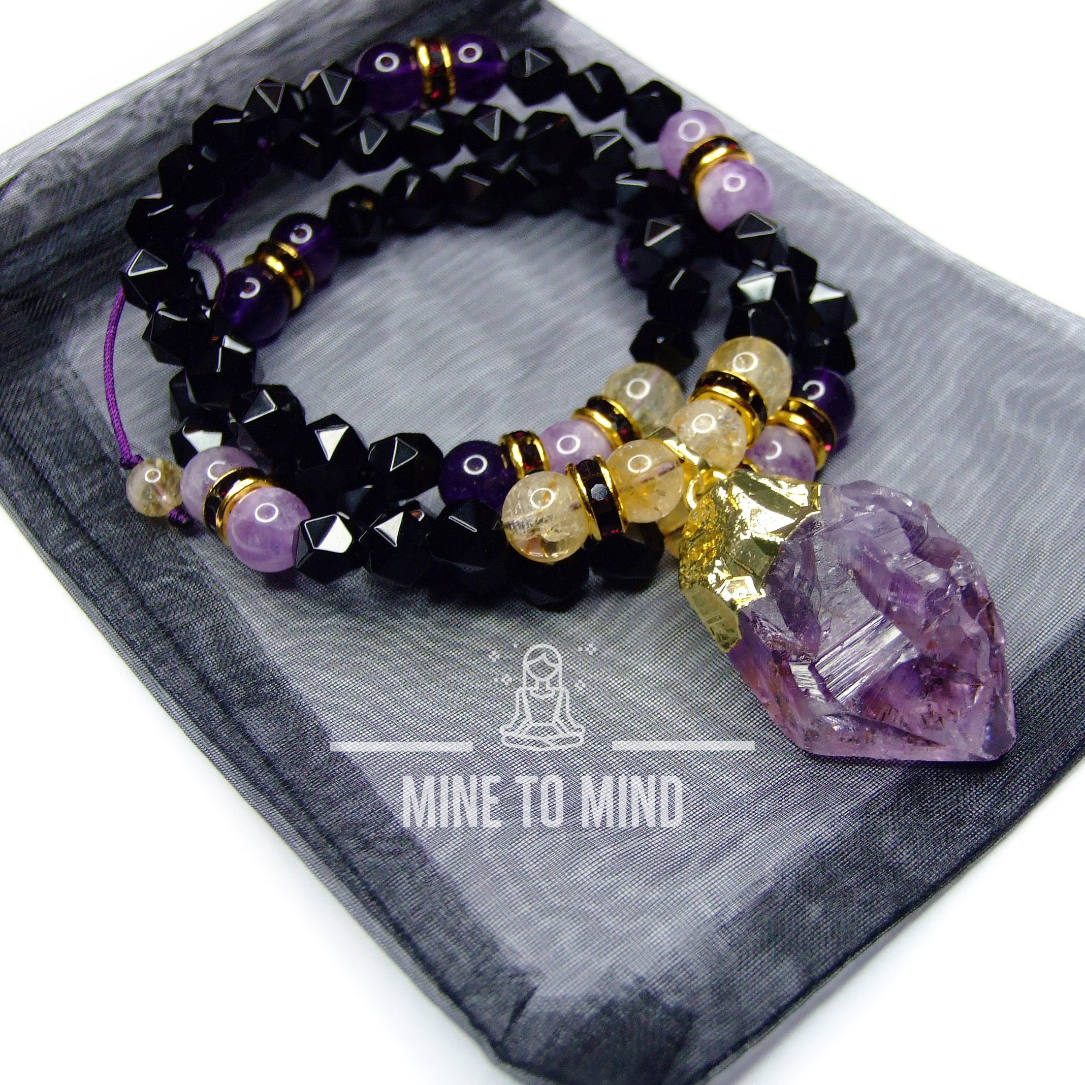 Gemstone Necklace Black Onyx | Raw Amethyst Pendant | Citrine Gemstone Beaded Macrame Necklace | Gift for him | Gift for her | Made in UK beadsmouse.co.uk