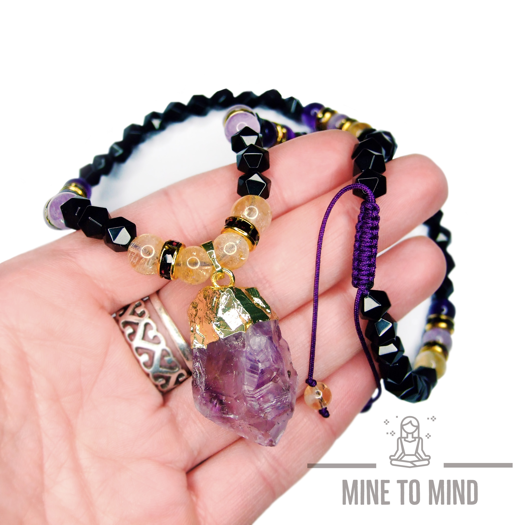 Gemstone Necklace Black Onyx | Raw Amethyst Pendant | Citrine Gemstone Beaded Macrame Necklace | Gift for him | Gift for her | Made in UK beadsmouse.co.uk