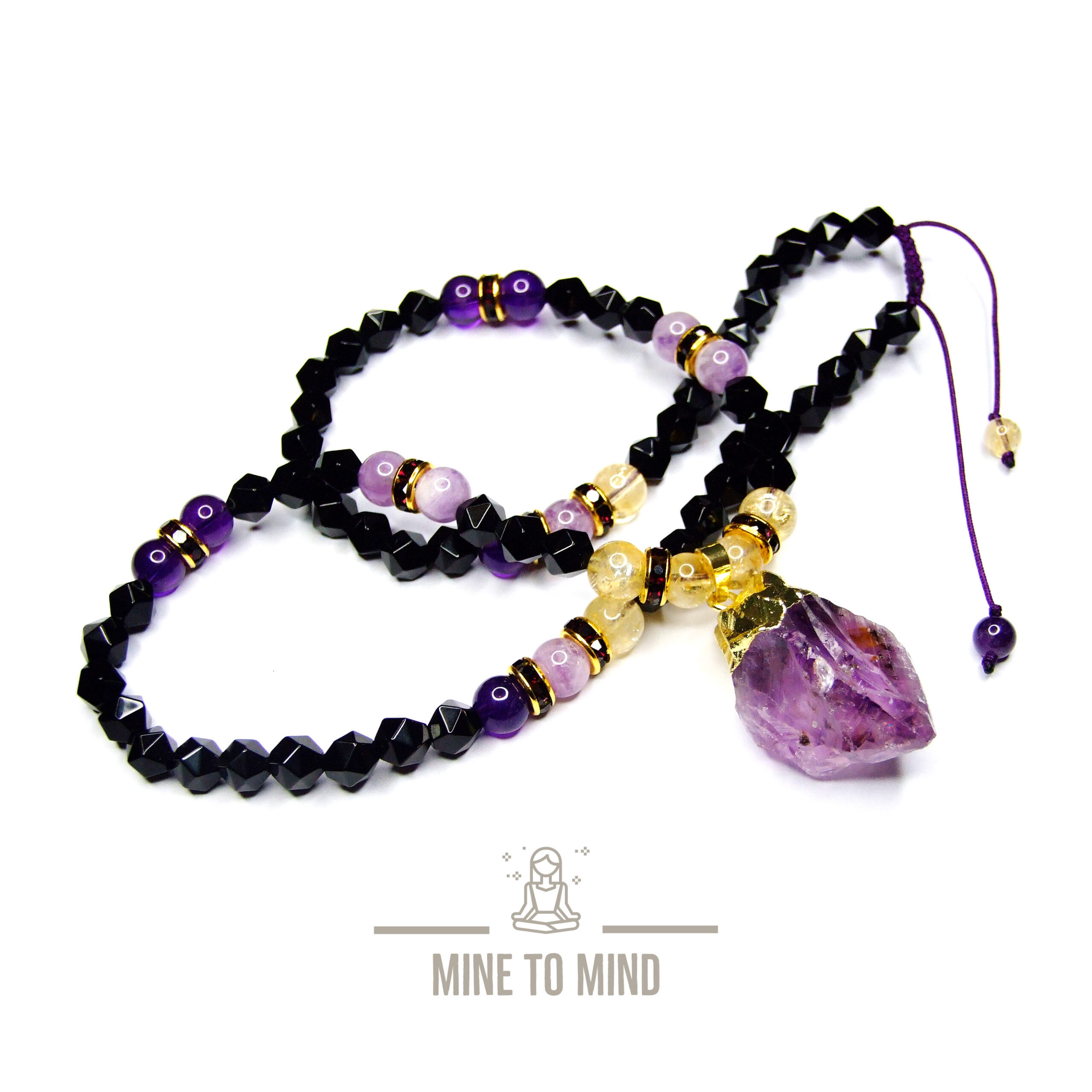 Gemstone Necklace Black Onyx | Raw Amethyst Pendant | Citrine Gemstone Beaded Macrame Necklace | Gift for him | Gift for her | Made in UK beadsmouse.co.uk